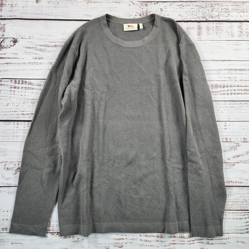 Fjallraven Ovik Lite Knit Sweater Men's XL Gray Merino Wool Cotton Waffle